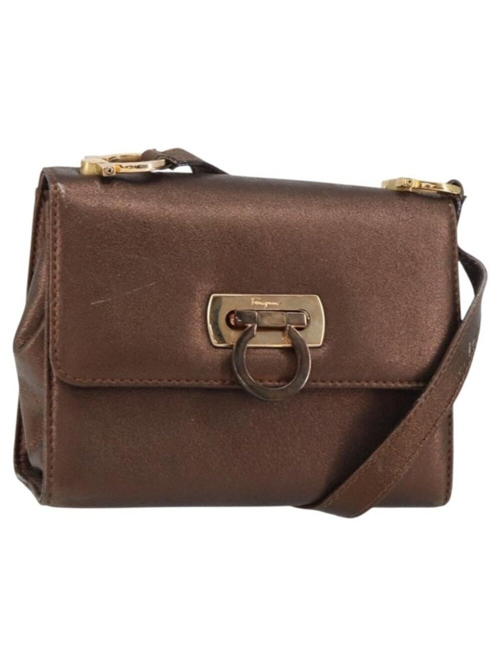 Authentic Salvatore Ferragamo Gancini Shoulder Bag Leather Bronze Gold